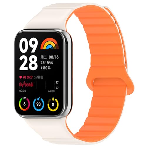 SMYAOSI Magnetverschluss Armband für Xiaomi Band 8 Pro/Xiaomi Redmi Watch 4, Männer Frauen Silikon Armbänder Sport Armband für Xiaomi Band 8/7/6/5/4/3 Uhrenarmband (mi band 76543, Weiß Orange) von SMYAOSI