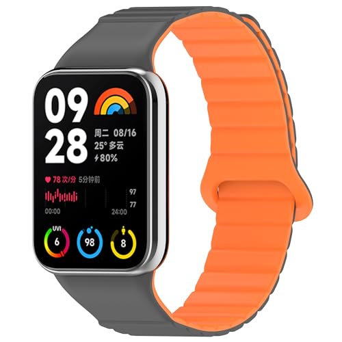 SMYAOSI Magnetverschluss Armband für Xiaomi Band 8 Pro/Xiaomi Redmi Watch 4, Männer Frauen Silikon Armbänder Sport Armband für Xiaomi Band 8/7/6/5/4/3 Uhrenarmband (redmi watch 4, Grau Orange) von SMYAOSI
