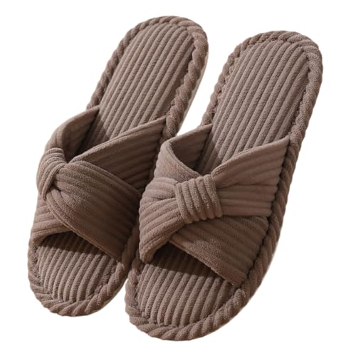 SMajong Damen Herren Hausschuhe mit Memory Foam Frauen Winter Pantoffeln offener Zehen Bequeme Trend-Slide Kordstoff-Wohnschuhe fürs Schlafzimmer Braun37/38(Sohle Größe38/39) von SMajong