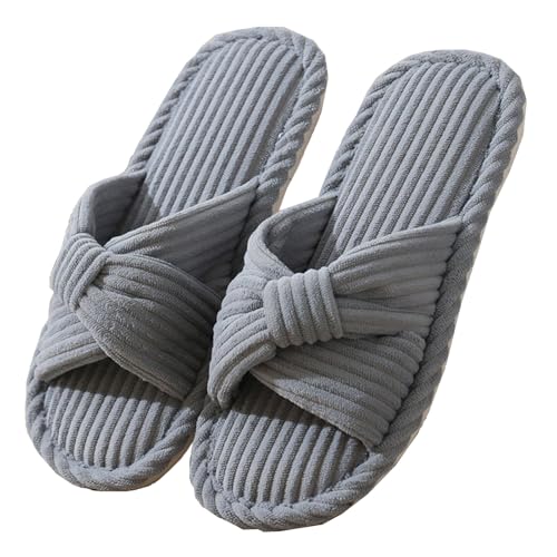 SMajong Damen Herren Hausschuhe mit Memory Foam Frauen Winter Pantoffeln offener Zehen Bequeme Trend-Slide Kordstoff-Wohnschuhe fürs Schlafzimmer Grau39/40(Sohle Größe40/41) von SMajong