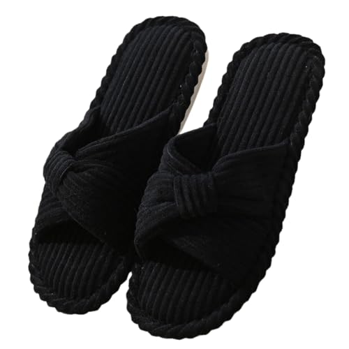 SMajong Damen Herren Hausschuhe mit Memory Foam Frauen Winter Pantoffeln offener Zehen Bequeme Trend-Slide Kordstoff-Wohnschuhe fürs Schlafzimmer schwarz35/36（Sohle Größe36/37） von SMajong