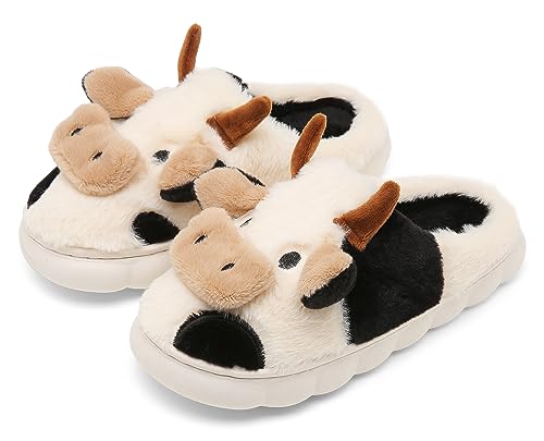 SMajong Damen Kuh Hausschuhe Winter Herren Plüsch Warme Pantoffel Cartoon rutschfeste Slippers Weiß 37/38 EU (Sohlengröße 38/39) von SMajong