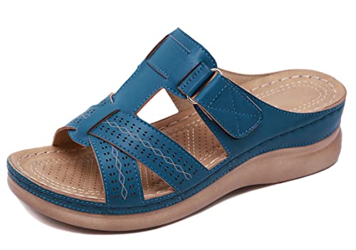 SMajong Pantoletten Damen Sommer Plateausandalen Bequeme Hausschuhe Damen Mit Keilabsatz Sandalen Offene Zehen Strandsandalen Outdoor Blau 42 EU von SMajong