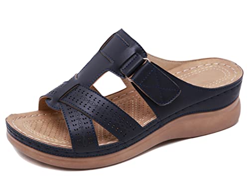SMajong Pantoletten Damen Sommer Plateausandalen Bequeme Hausschuhe Damen Mit Keilabsatz Sandalen Offene Zehen Strandsandalen Outdoor Dunkelblau 41 EU von SMajong