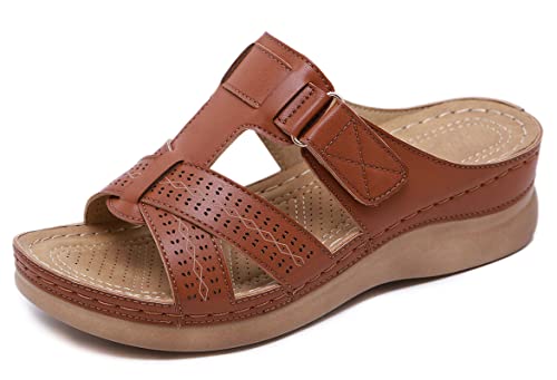SMajong Pantoletten Damen Sommer Plateausandalen Bequeme Hausschuhe Damen Mit Keilabsatz Sandalen Offene Zehen Strandsandalen Outdoor Braun 42 EU von SMajong