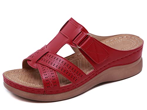 SMajong Pantoletten Damen Sommer Plateausandalen Bequeme Hausschuhe Damen Mit Keilabsatz Sandalen Offene Zehen Strandsandalen Outdoor Rot 38 EU von SMajong