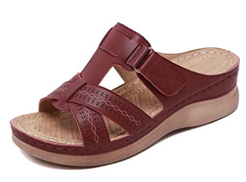 SMajong Pantoletten Damen Sommer Plateausandalen Bequeme Hausschuhe Damen Mit Keilabsatz Sandalen Offene Zehen Strandsandalen Outdoor Tiefrot 41 EU von SMajong