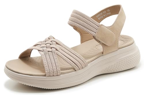SMajong Damen Offen Zehen Sportsandale Wandersandalen Mit Klettverschluss Arch Support Orthotic Sandale Mode Gewebtes Band Sandalen Beige 39 EU von SMajong