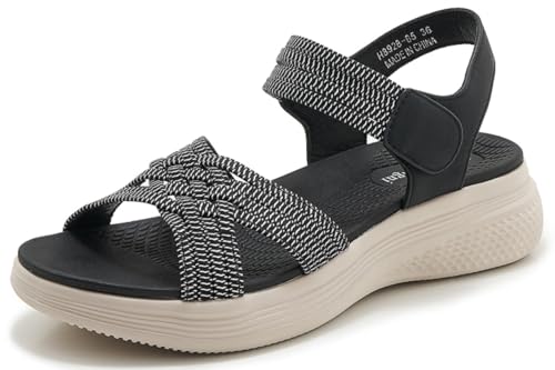 SMajong Damen Offen Zehen Sportsandale Wandersandalen Mit Klettverschluss Arch Support Orthotic Sandale Mode Gewebtes Band Sandalen Schwarz 39 EU von SMajong