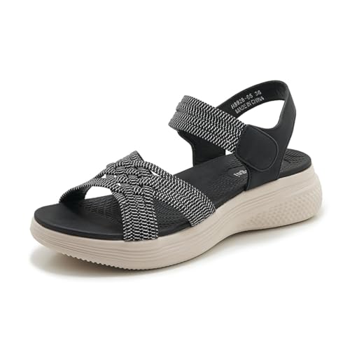 SMajong Damen Offen Zehen Sportsandale Wandersandalen Mit Klettverschluss Arch Support Orthotic Sandale Mode Gewebtes Band Sandalen Schwarz 41 EU von SMajong
