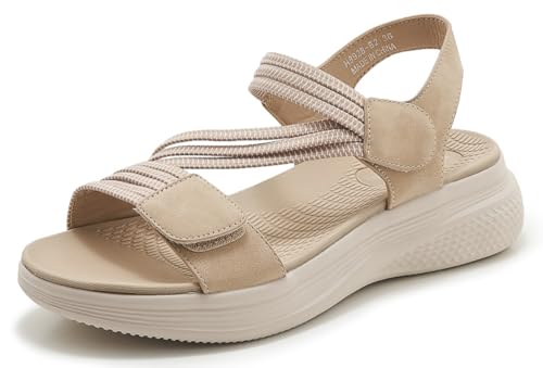 SMajong Damen Sandalen Mit Klettverschluss Bequeme Orthopädische Sandale Weben Plateau Freizeitsandale Rutschfeste Outdoorsandale Beige 39 EU von SMajong
