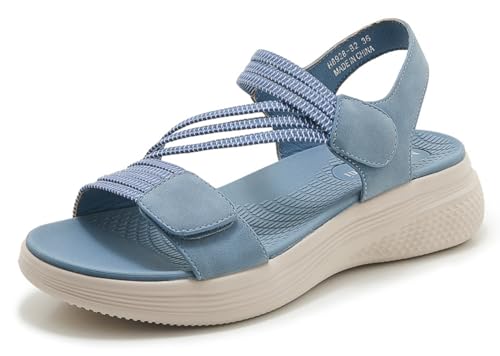 SMajong Damen Sandalen Mit Klettverschluss Bequeme Orthopädische Sandale Weben Plateau Freizeitsandale Rutschfeste Outdoorsandale Blau 39 EU von SMajong
