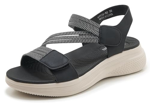 SMajong Damen Sandalen Mit Klettverschluss Bequeme Orthopädische Sandale Weben Plateau Freizeitsandale Rutschfeste Outdoorsandale Schwarz 41 EU von SMajong