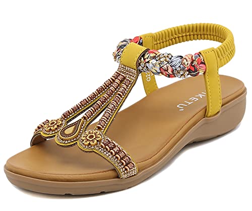 SMajong Damen Sommer Sandalen mit Strass Perlen Frauen Bohemian Sandals Freizeit Strand Sandalette Plattform Flip Flops A Gelb 41 EU von SMajong