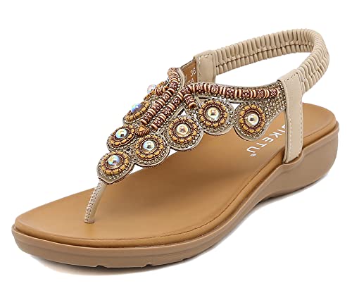 SMajong Damen Sommer Sandalen mit Strass Perlen Frauen Bohemian Sandals Freizeit Strand Sandalette Plattform Flip Flops B Beige 40 EU von SMajong