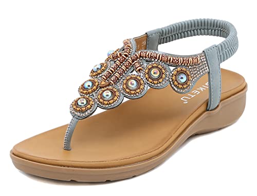 SMajong Damen Sommer Sandalen mit Strass Perlen Frauen Bohemian Sandals Freizeit Strand Sandalette Plattform Flip Flops B Grau 37 EU von SMajong