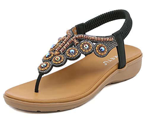 SMajong Damen Sommer Sandalen mit Strass Perlen Frauen Bohemian Sandals Freizeit Strand Sandalette Plattform Flip Flops B Schwarz 37 EU von SMajong