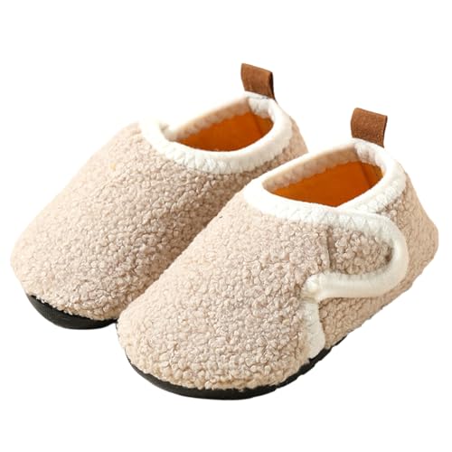 SMajong Kinder Hausschuhe Mädchen Jungen Warme Winterschuhe Rutschfest Weiche Sohle Barfussschuhe Süße Unisex Kleinkinder Klettverschluss Pantoffeln Beige Weiß32/33 von SMajong