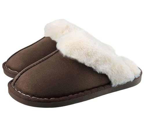 SMajong Hausschuhe Damen Herren Winter Warme Plüsch Pantoffeln Lammfell Flauschige rutschfeste Slippers Indoor Outdoor Braun 44/45 EU (Sohlengröße 46/47) von SMajong