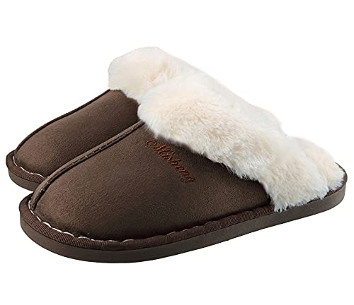 SMajong Lammfell Hausschuhe Damen Herren Flach Home Rutschfeste Slippers Wärme Weiche Plüsch Pantoffel Indoor Hause Slippers Braun 40/41 EU (Sohlengröße 42/43) von SMajong