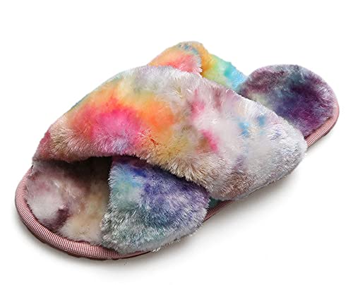 SMajong Plüsch Hausschuhe Damen Bequeme Warme Pantoffeln Kunstpelz Flache Flip Flop rutschfeste Kuschelige Schlappen Cozy Slides B Mehrfarbig 39/40 EU von SMajong