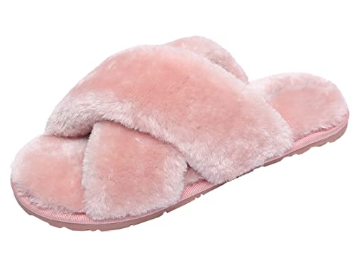 SMajong Plüsch Hausschuhe Damen Bequeme Warme Pantoffeln Kunstpelz Flache Flip Flop rutschfeste Kuschelige Schlappen Cozy Slides B Rosa 41/42 EU von SMajong