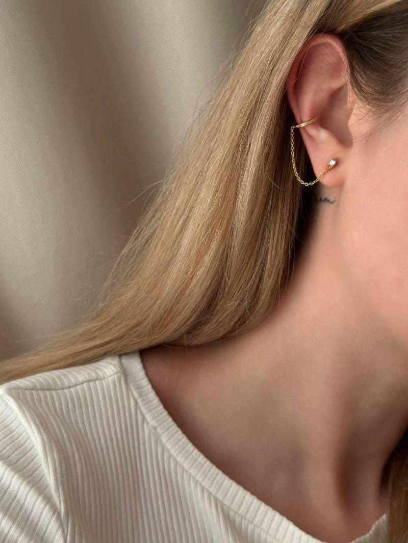 Manschette Kette Ohrstecker - Ohrmanschette Nicht Durchbohrt-Dünne Mit Kette-Fake Piercings-925 Sterling Silber-Wasserdicht Schmuck-Doppel von SMinimal