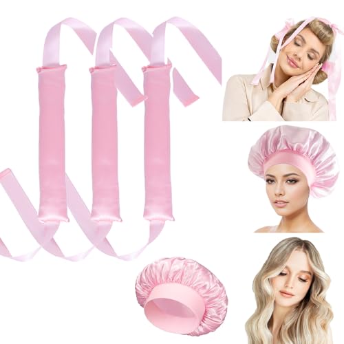 SNAIL GARDEN 3 PCS hitzefreie Lockenstäbe&1 PCS Schlafhaube Set,Über Nacht Blowout Stäbe für langes Haar,Satin Lockenstäbe ohne Hitze mit Band Design für Frauen Teenager Mädchen von SNAIL GARDEN