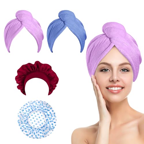 SNAIL GARDEN 4 Packungen Haarkappen-Set, 2 Mikrofaser-Haartrockentücher mit 1 Kunststoff-Dusch-Haarkappe + 1 Seiden-Schlaf-Haarschutzkappe, wiederverwendbar und leicht, für Frauen und Mädchen, von SNAIL GARDEN