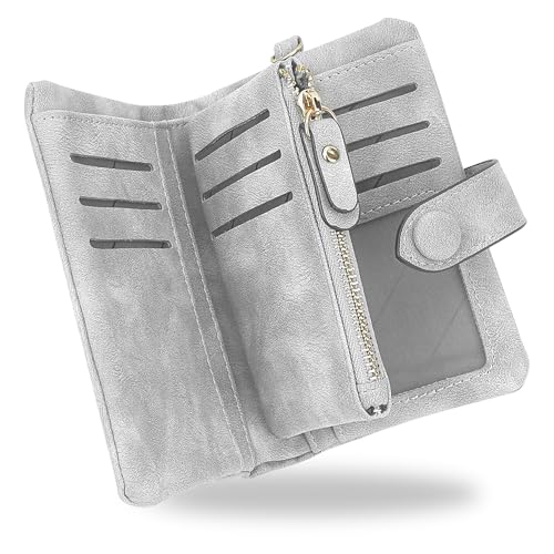 SNCCJ Geldbörse Damen Kurzer, Weich Leder Portemonnaie mit RFID Schutz, Damen Geldbeutel mit Viel Kartenfächer (Grau) von SNCCJ