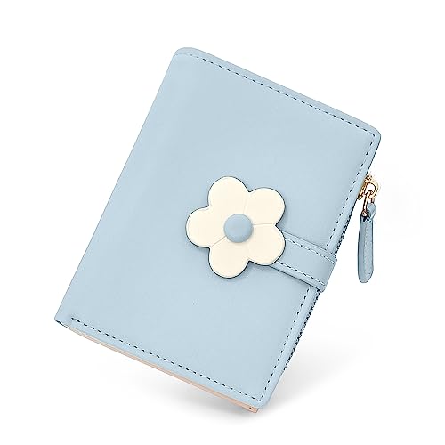 SNCCJ Süß Portemonnaie Damen, Bifold Leder Klein Geldbörse Damen mit RFID Schutz, Geldbeutel Mädchen mit Reißverschluss Münzbeutel (Blaue Blumen) von SNCCJ
