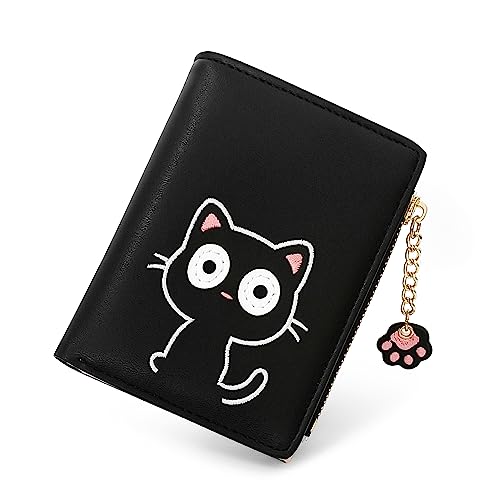 SNCCJ Süß Portemonnaie Damen, Bifold Leder Klein Geldbörse Damen mit RFID Schutz, Geldbeutel Mädchen mit Reißverschluss Münzbeutel (Katze Schwarz) von SNCCJ