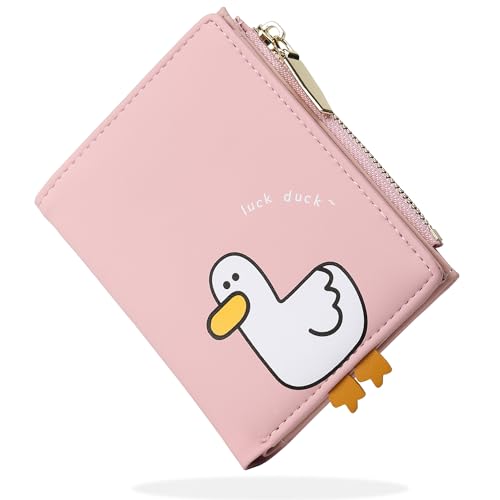 SNCCJ Süß Portemonnaie Damen, Bifold Leder Klein Geldbörse Damen mit RFID Schutz, Geldbeutel Mädchen mit Reißverschluss Münzbeutel (Ente Rosa) von SNCCJ