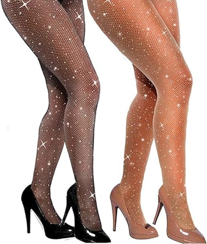 SNDE Netzstrumpfhose, Fishnet Stockings glitzer, Elastisch Hohe Taille Strumpfhosen Netzstrümpfe, Fischernetz Strümpfe für Damen (2pcs-Schwarz + Nude) von SNDE