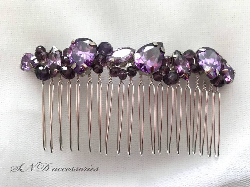 Dunkellila Crystal Barrette, Hochzeit, Braut Kopfschmuck, Lila Haar-Accessoires, Kristall Amethyst Haare Kämmen, Brautjungfern Schmuck von SNDaccessoriesINC