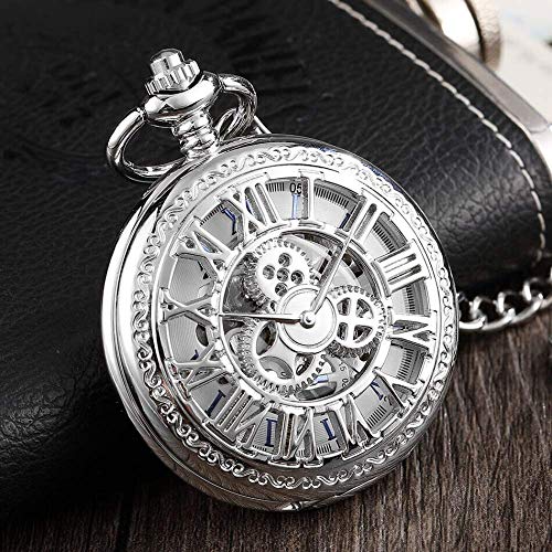 Bronze Silber Mechanische Taschenuhren Herren SteamSkeleton Uhren Clip Kette Uhr Geschenke für Männer Taschenuhr (Silber) von SNEN-ESDG
