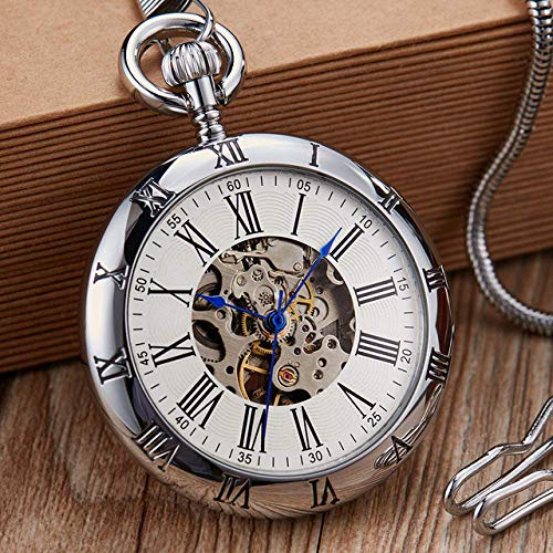 Taschenuhr Gold Automatik Mechanische Taschenuhr Retro Kupfer Uhren Römische Ziffern Kette Anhänger Herren Damen Geschenk zum Geburtstag Vatertag (Silber) von SNEN-ESDG