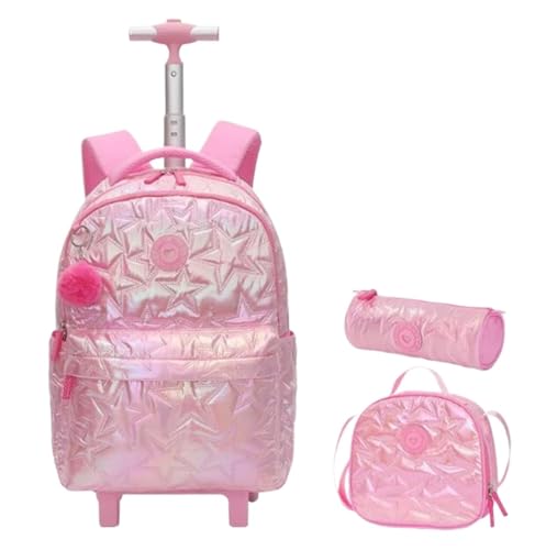 SNGUOQ Schulranzen Mit Rollen Rollrucksack for Mädchen, Rollrucksack mit Rädern, Rollrucksack, Handgepäck, Büchertasche mit Rollenset for die Schule(Pink) von SNGUOQ