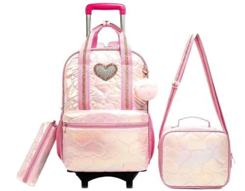 Schulranzen Mit Rollen Schoolbag with Wheels Trolley Bag Set Girls Rolling Backpack for Girls School Bookbags Carry-On Luggage Wheeled Backpack(PINK) von SNGUOQ