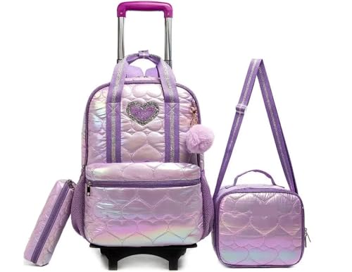 Schulranzen Mit Rollen Schoolbag with Wheels Trolley Bag Set Girls Rolling Backpack for Girls School Bookbags Carry-On Luggage Wheeled Backpack(Purple) von SNGUOQ