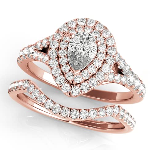 1-1/6 Birnenform-fällige Verlobungsring in 10K 14k gelb Rosen weiße Bris-Set Doppelhalo-Birnenstil Moissanit Hochzeit Jubiläumsring Valentinstag Jüdelgeschenk für Liebhaber, einstellbare Größe 4-12 von SNHHNSW