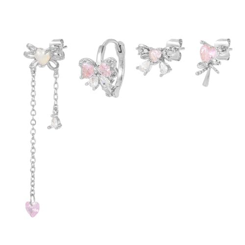 4 PCs rosa Bogenohrohrringe für Frauen Bugknotenschstene Liebe Herz Charme Quasten Tassel Drop Hangle Ohrring süße Liebe Dangly Teardrop Hoop Juwely für Schwester von SNHHNSW