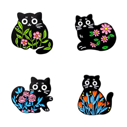 4pcs cartoon schwarze Katze mit Blumen Emaille Pin Brosche niedliche Katzen Emaille Brosche Stifte Set ästhetische Katzenpflanze Emaille Pins Kawaii Rucksackstifte für Frauen Männer DIY Abzeichen von SNHHNSW