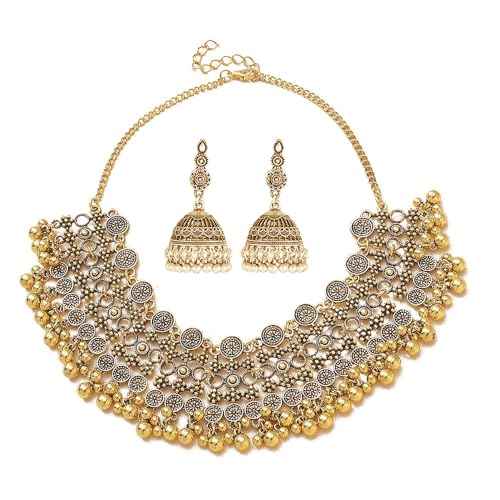 Indian Bollywood traditioneller Jhumka -Schmuck Set für Frauen große große Quasten -Perlen Kundan Ethnic Hochzeitsbekleidung Party Festival Choker Halskette Ohrringe Maang Tikka Traditioneller Mode von SNHHNSW