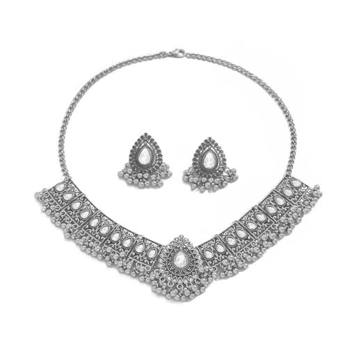 Retro indische traditionelle Schmuck Set für Frauen Braut Hochzeit Party Antique Oxidierte ethnische Abschlussball -Abschluss -Erklärung Halskette Ohrring Quaste Bollywood Halsholz Punk Crystal von SNHHNSW