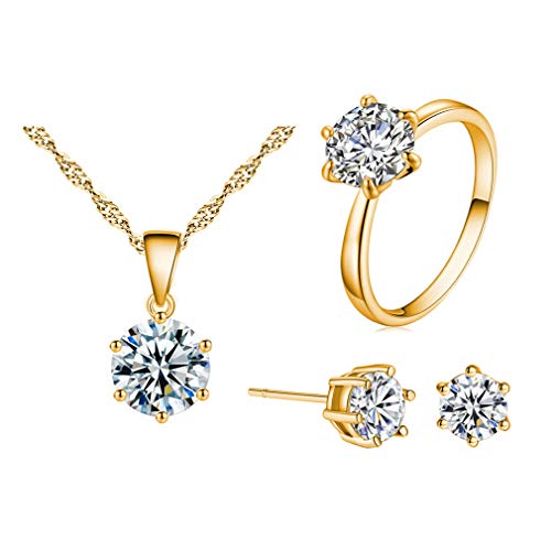 SNHHNSW Edelstein Rainbow Cubic Zirconia Round Edelstein Halskette Anhänger Ohrringe und Ringschmucksets für Frauen von SNHHNSW