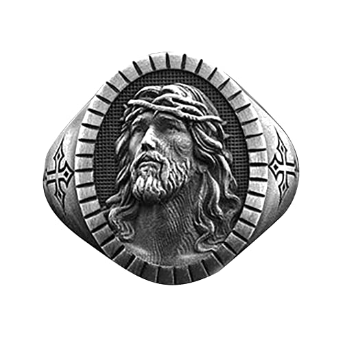 SNHHNSW Men's Jesus Head Ring Catholic Christian Cross Vintage Signet Retro Religious Amulet Baptism Bands Hip Hop Biker Gift for Men Women Father's Day Accessories von SNHHNSW