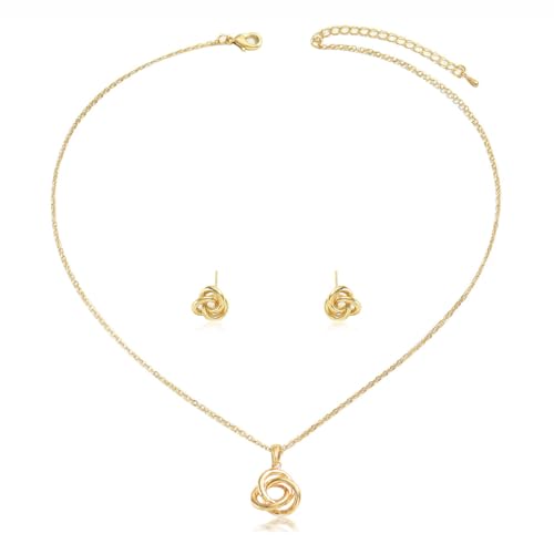 SNHHNSW Minimalistische Liebesknotenohrringe und Halskettenschmuck Set für Frauen Einfacher Kreis Knoten Anhänger Halsketten Verstellbare Linkkette Dainty Studs Ohrring zum Hochzeitstag von SNHHNSW