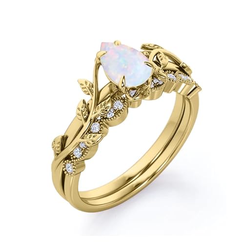 SNHHNSW Natürlicher Birnenschnitt -Opal -Ehering Set für Frauen, 1 Blattopal -Verlobungsring mit Moissanit in 10k 14k fest personalisierten Versprechen Ring für sie von SNHHNSW