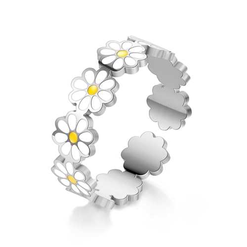 SNHHNSW Niedliche Daisy Blume Verstellbarer Stapelring für Frauen Edelstahl Zierzweige erweiterbares Hochzeitsaus Statement Fingerband Ringe Komfort Fit Engagement Zartes Alltags Geburtstag Geschenk von SNHHNSW